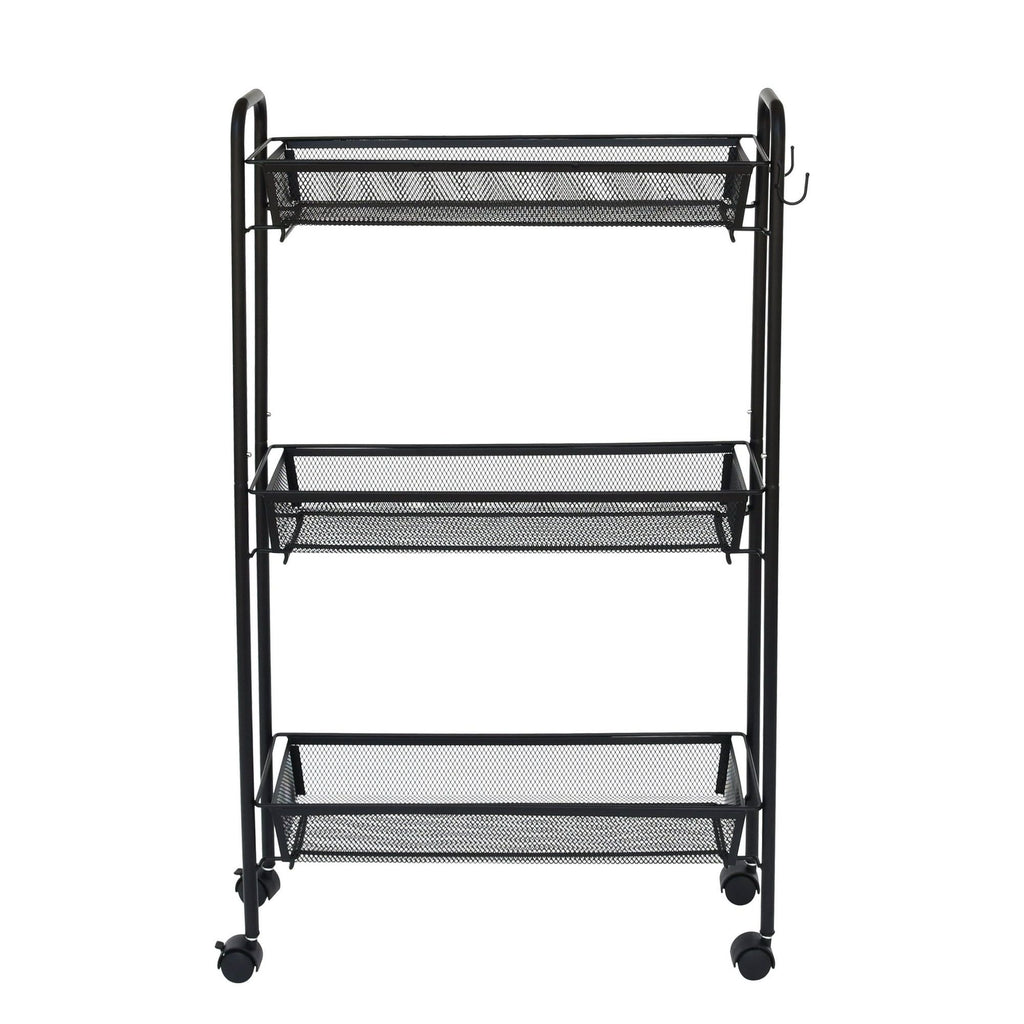 Slim 3-Tier Rolling Bathroom Storage Cart with Hooks