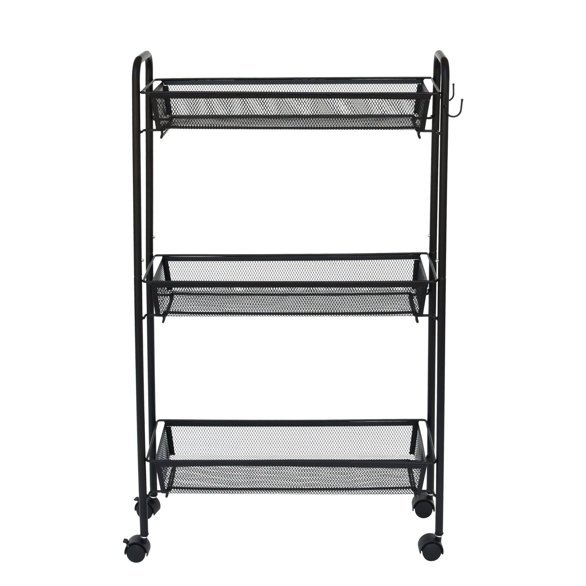 Slim 3-Tier Rolling Bathroom Storage Cart with Hooks