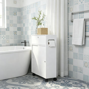Slim Bathroom Cabinet with Rolling Wheels, Toilet Paper Storage, and Sliding Doors