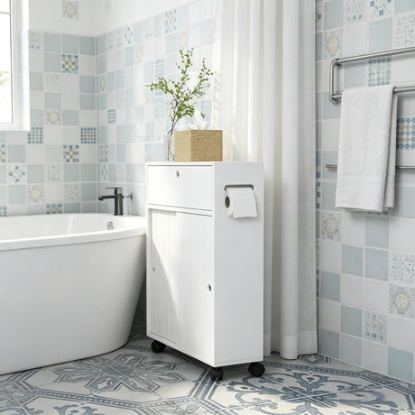 Slim Bathroom Cabinet with Rolling Wheels, Toilet Paper Storage, and Sliding Doors