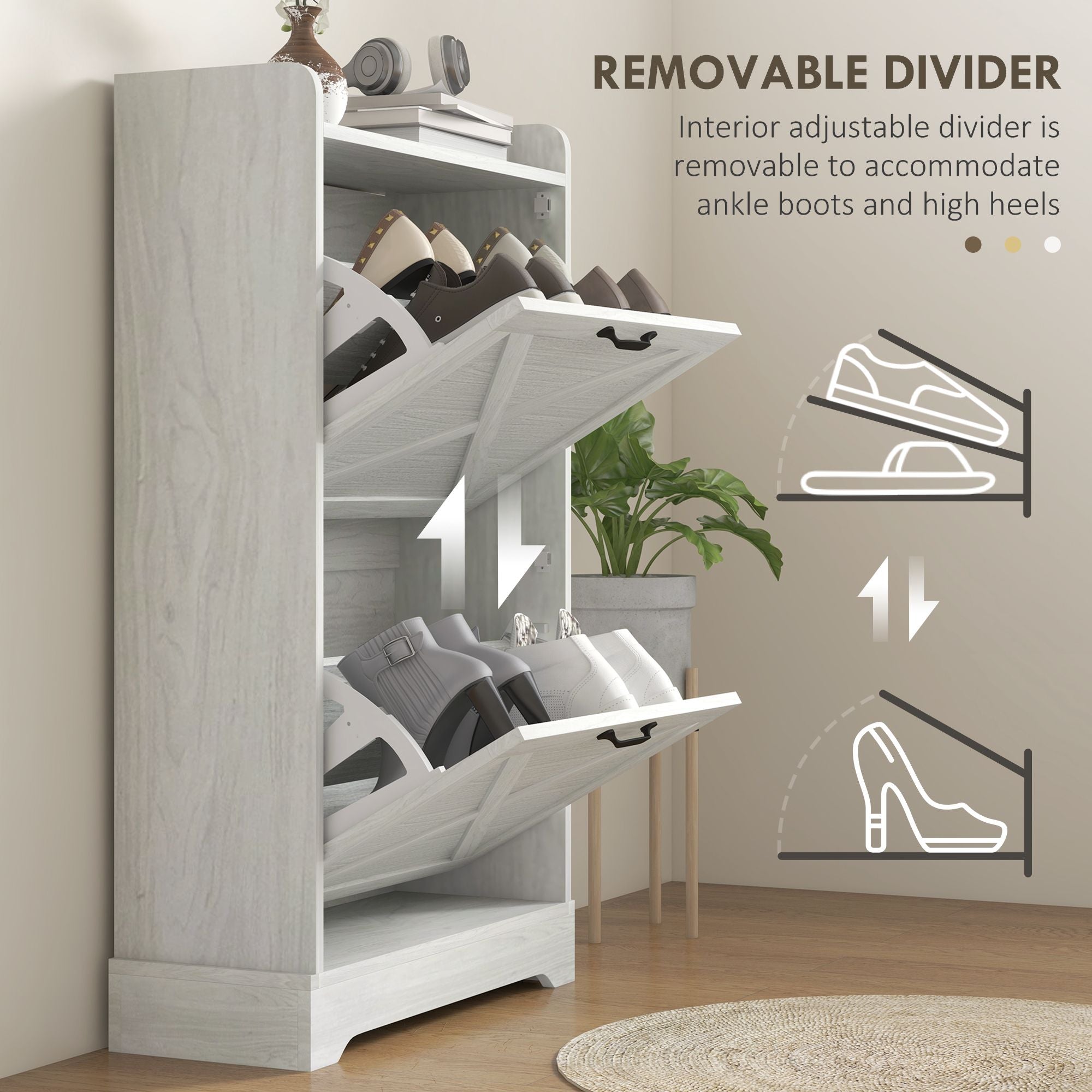 Farmhouse Shoe Cabinet with Flip Drawers and Adjustable Shelves