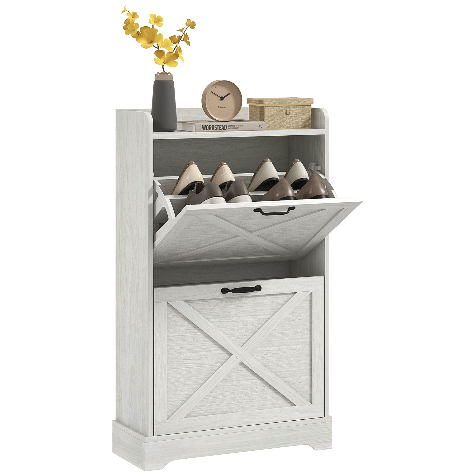Farmhouse Shoe Cabinet with Flip Drawers and Adjustable Shelves
