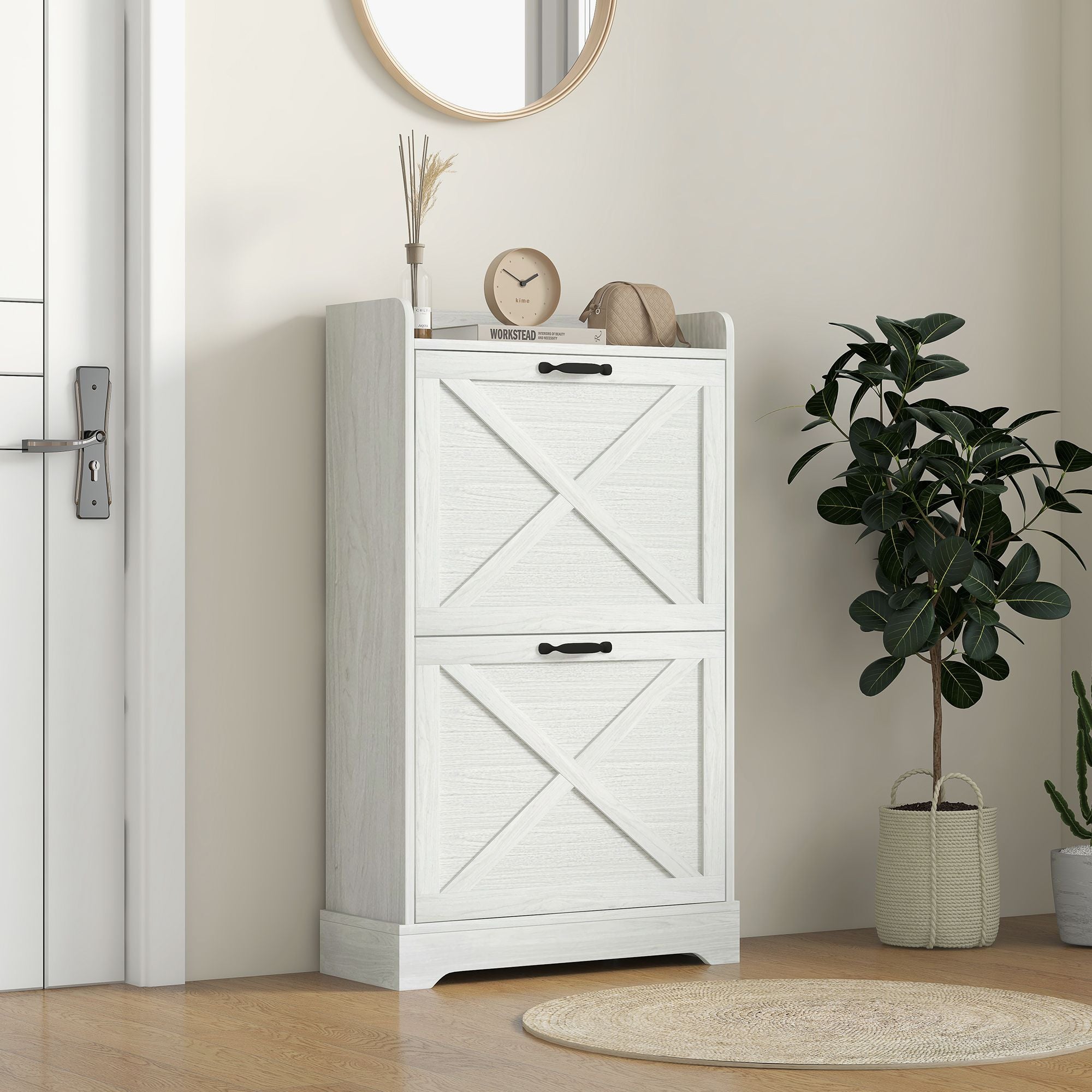 Farmhouse Shoe Cabinet with Flip Drawers and Adjustable Shelves