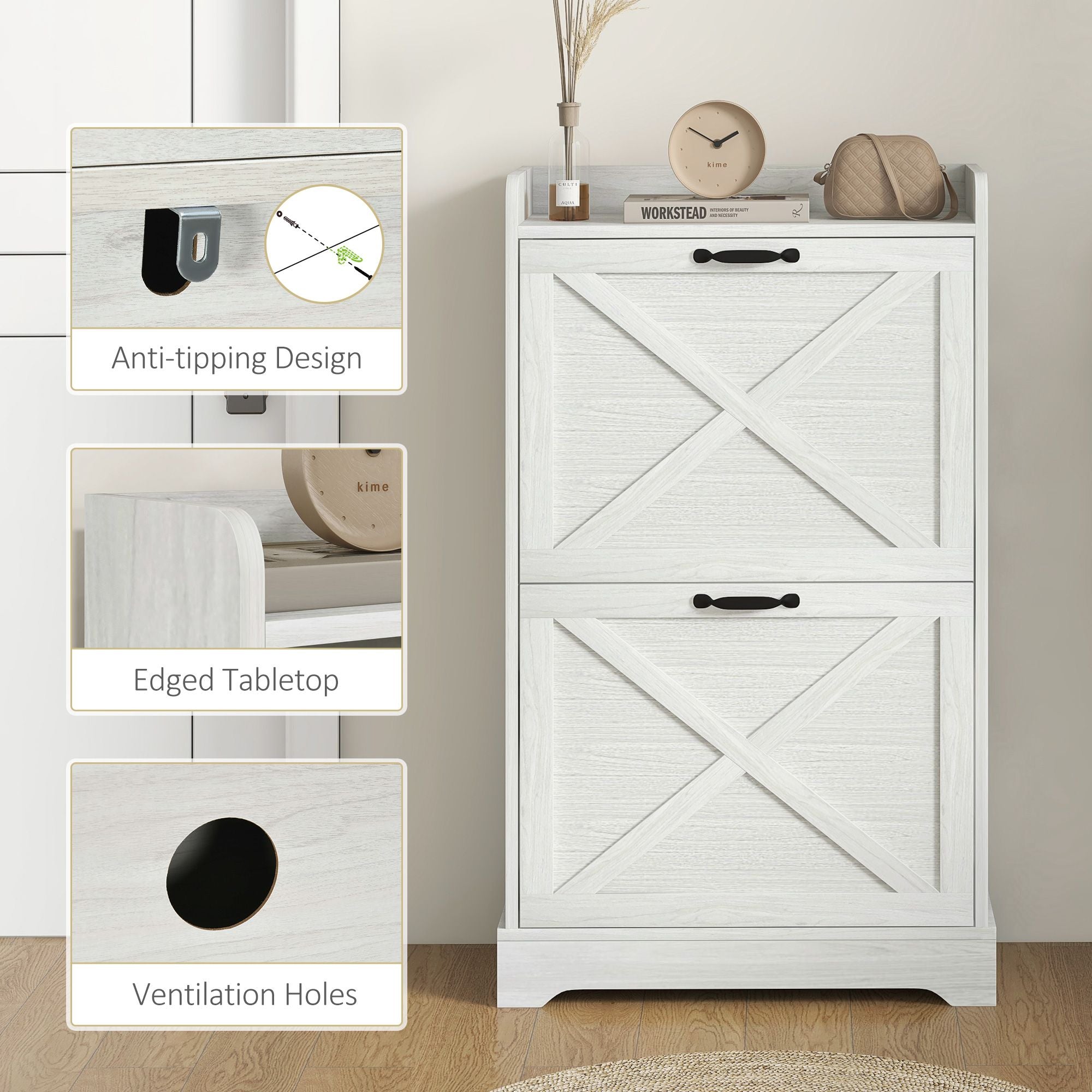 Farmhouse Shoe Cabinet with Flip Drawers and Adjustable Shelves