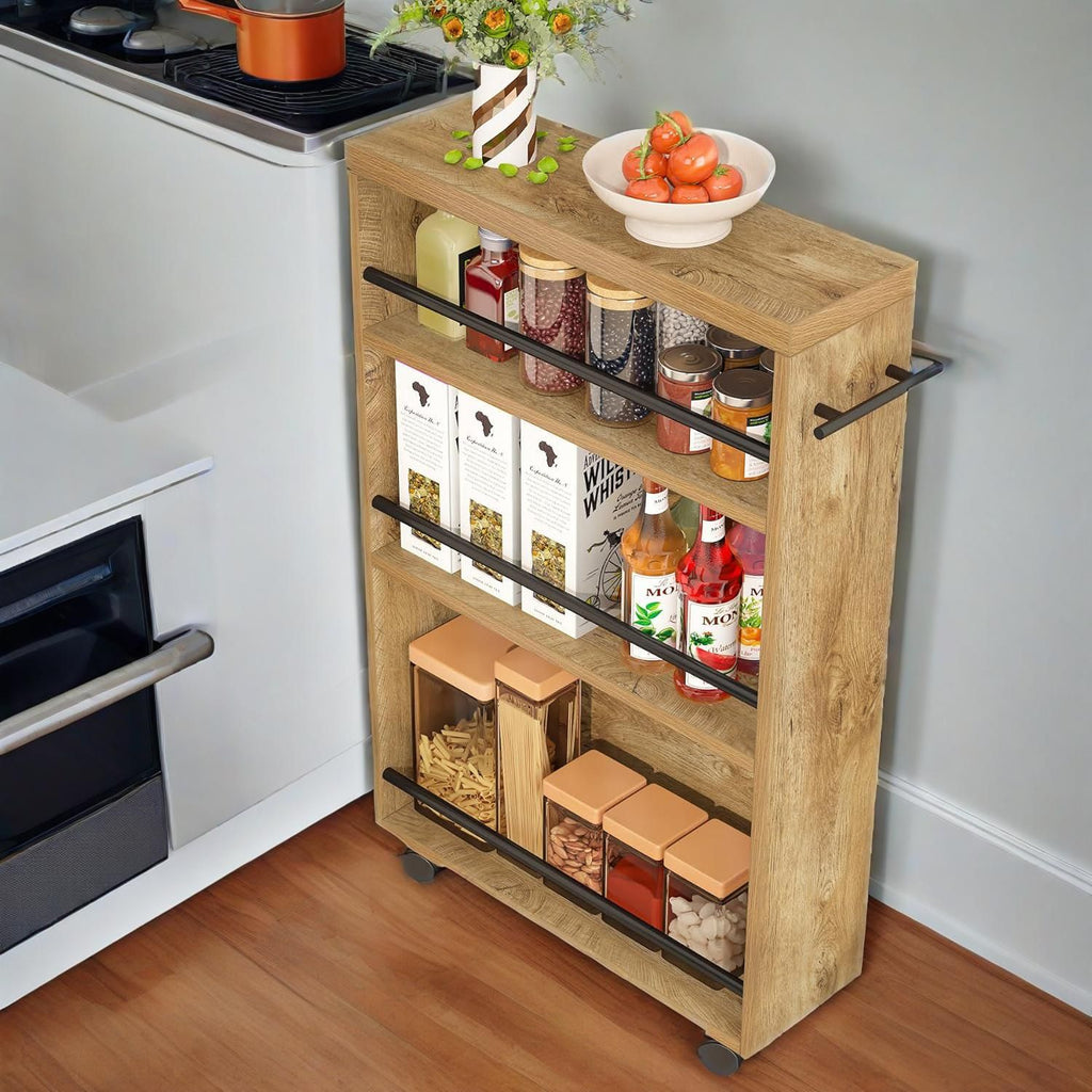 Slim Storage Cart, Rolling Narrow Kitchen Cart on Wheels for Small Place, 4-Tier Slide Out Slim Util