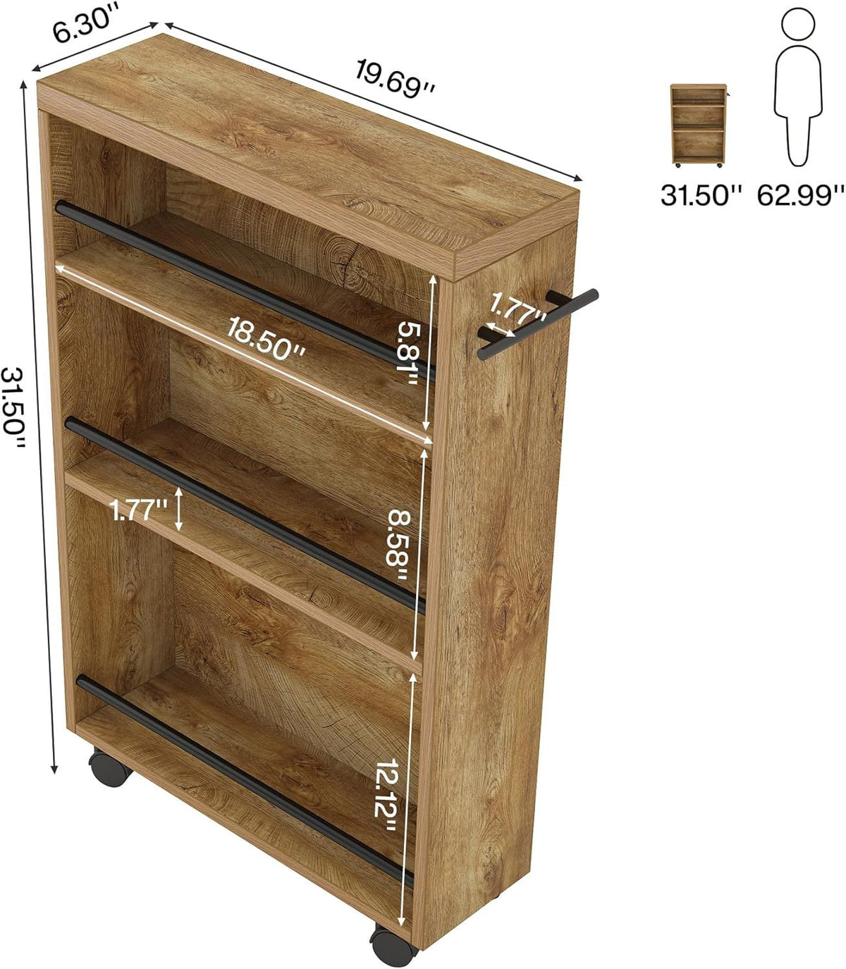 Slim Storage Cart, Rolling Narrow Kitchen Cart on Wheels for Small Place, 4-Tier Slide Out Slim Util