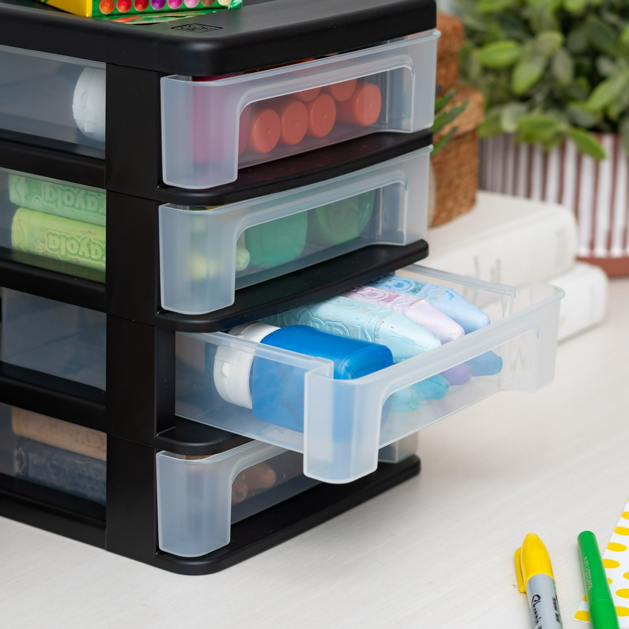 Compact 4-Drawer Desktop Organizer, Black-Clear Set of 2 – Stackable Storage