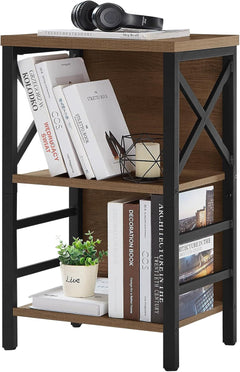 Small Bookshelf,3 Tier Industrial Bookcase with Metal Frame and Backboard,Low Rustic Brown