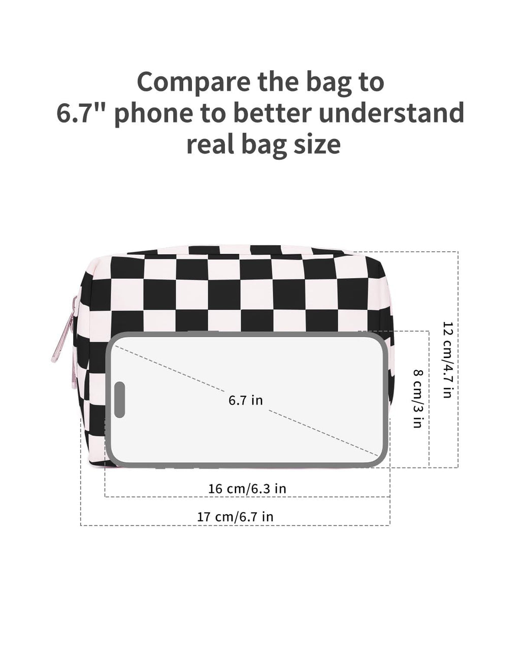 Small Checkered Makeup Bag With Zipper and Inner Compartments