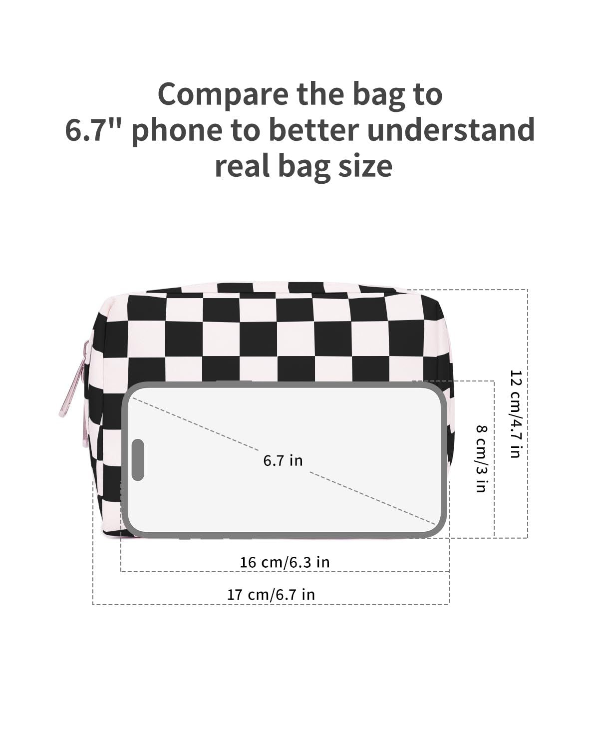 Small Checkered Makeup Bag With Zipper and Inner Compartments