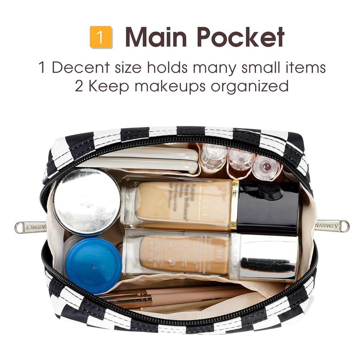 Small Checkered Makeup Bag With Zipper and Inner Compartments