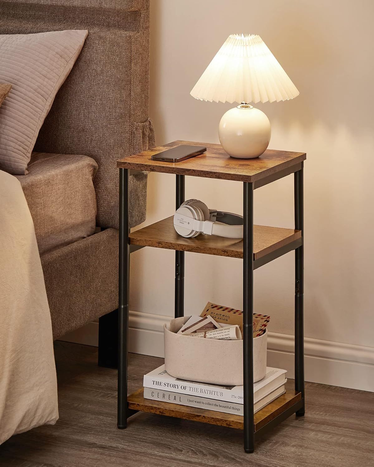 3-Tier End Table for Small Spaces – Rustic Brown and Black