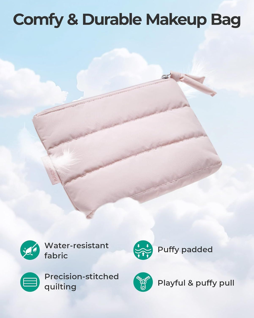 Small Makeup Bag, Puffy Portable Cosmetic Pouch with Charm Zipper, Water-Resistant Travel