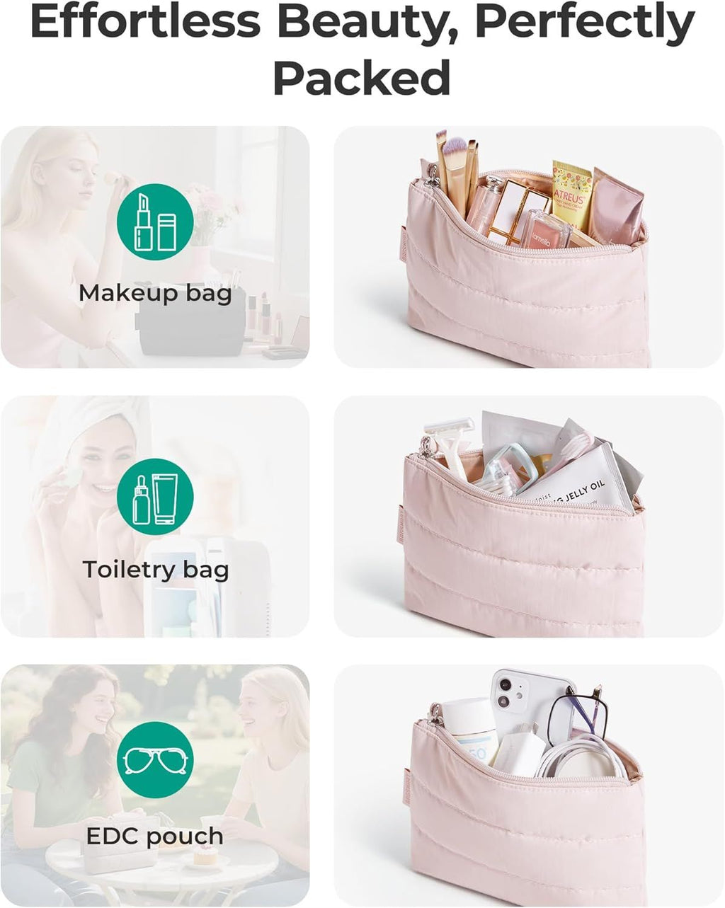 Small Makeup Bag, Puffy Portable Cosmetic Pouch with Charm Zipper, Water-Resistant Travel