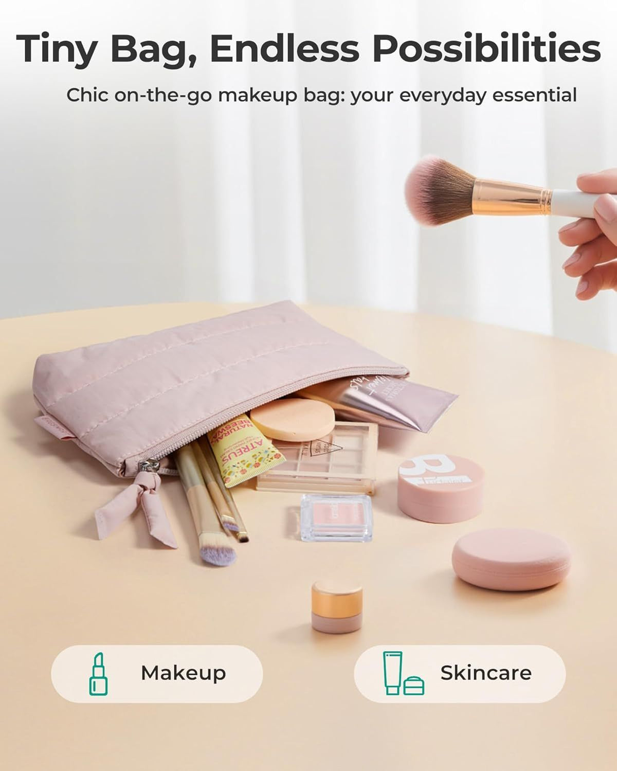 Small Makeup Bag, Puffy Portable Cosmetic Pouch with Charm Zipper, Water-Resistant Travel