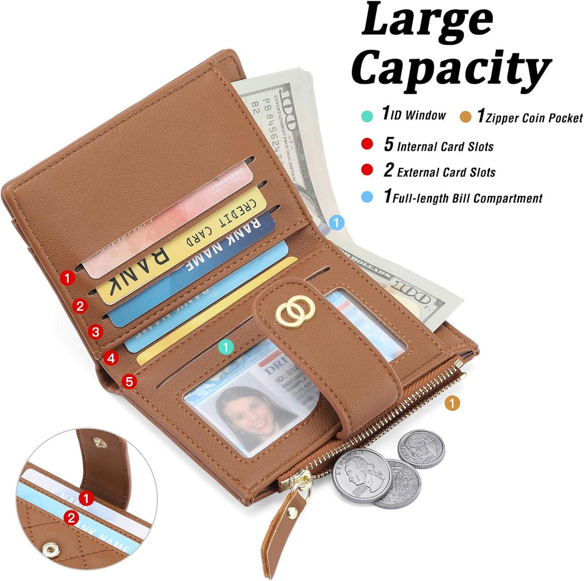 Small Bifold Wallet for Women with Zipper Pocket and ID Window