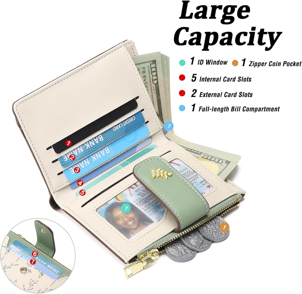 Compact RFID Bifold Wallet with Zip Pocket and ID Window