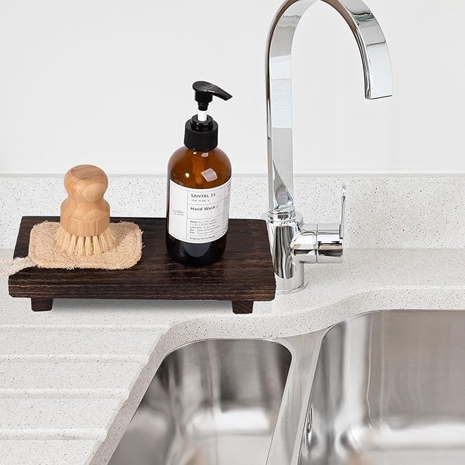 Farmhouse Small Wood Tray Pedestal Stand for Bathroom or Kitchen Decor