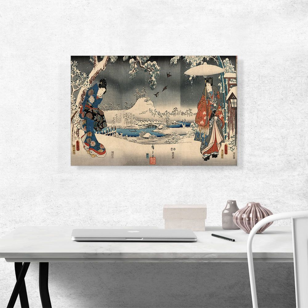 Snowy Landscape Canvas Art – Woman with Broom, Man with Umbrella