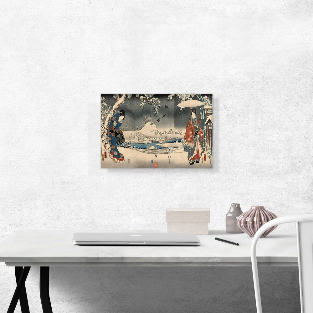 Snowy Landscape Canvas Art – Woman with Broom, Man with Umbrella