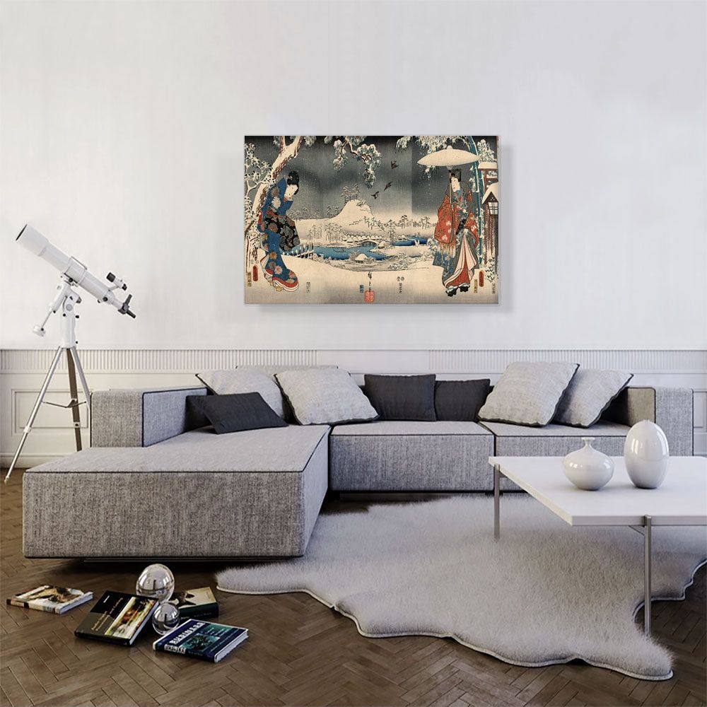 Snowy Landscape Canvas Art – Woman with Broom, Man with Umbrella