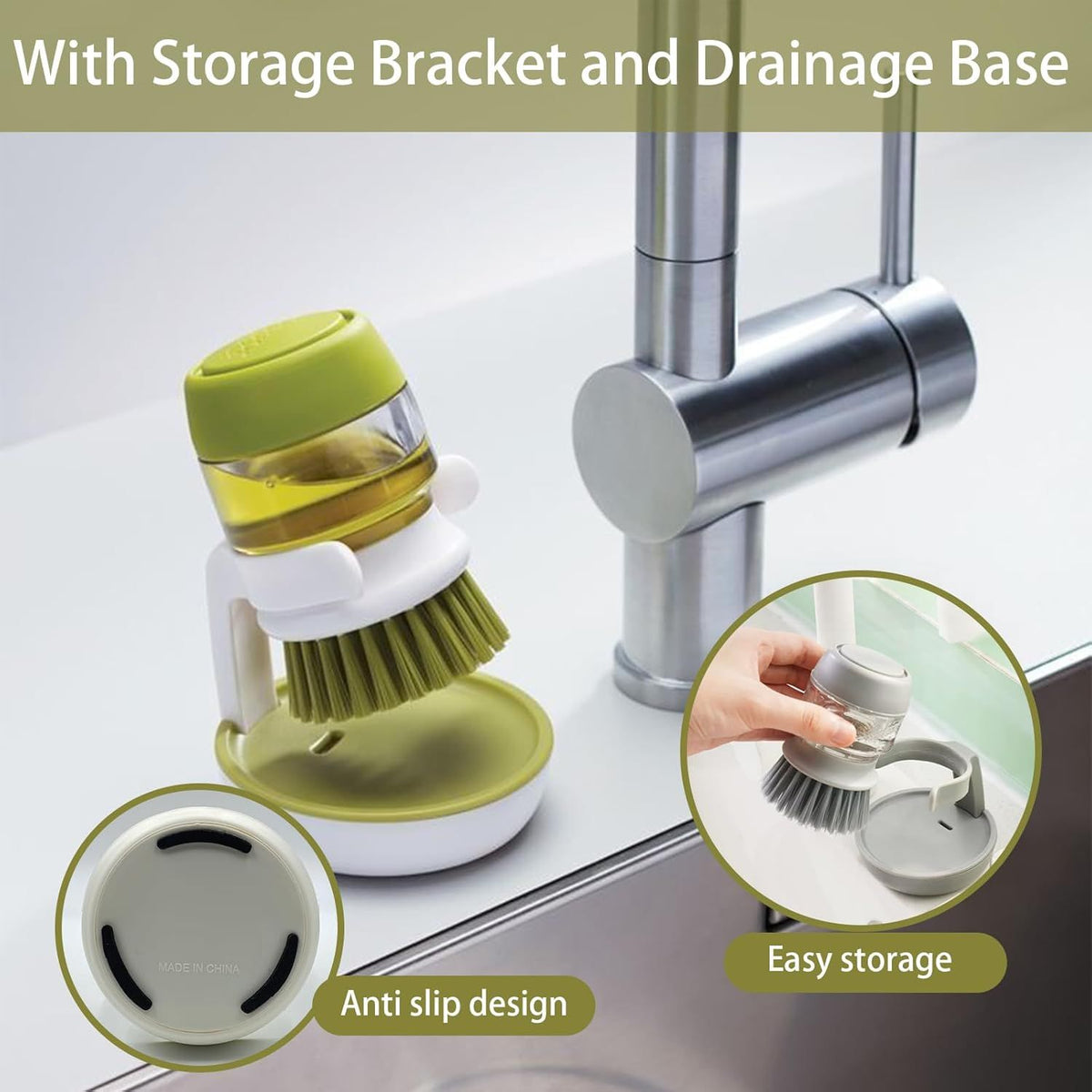 Gray Soap Dispenser and Dish Brush Set with Storage Bracket for Kitchen Sink