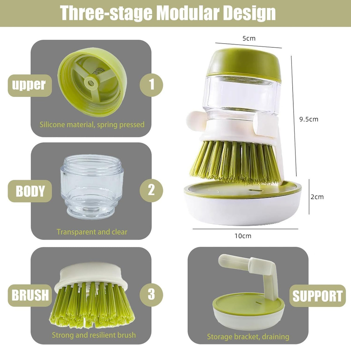 Gray Soap Dispenser and Dish Brush Set with Storage Bracket for Kitchen Sink