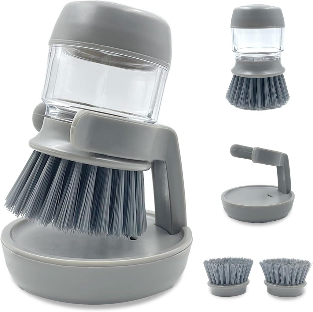 Gray Soap Dispenser and Dish Brush Set with Storage Bracket for Kitchen Sink