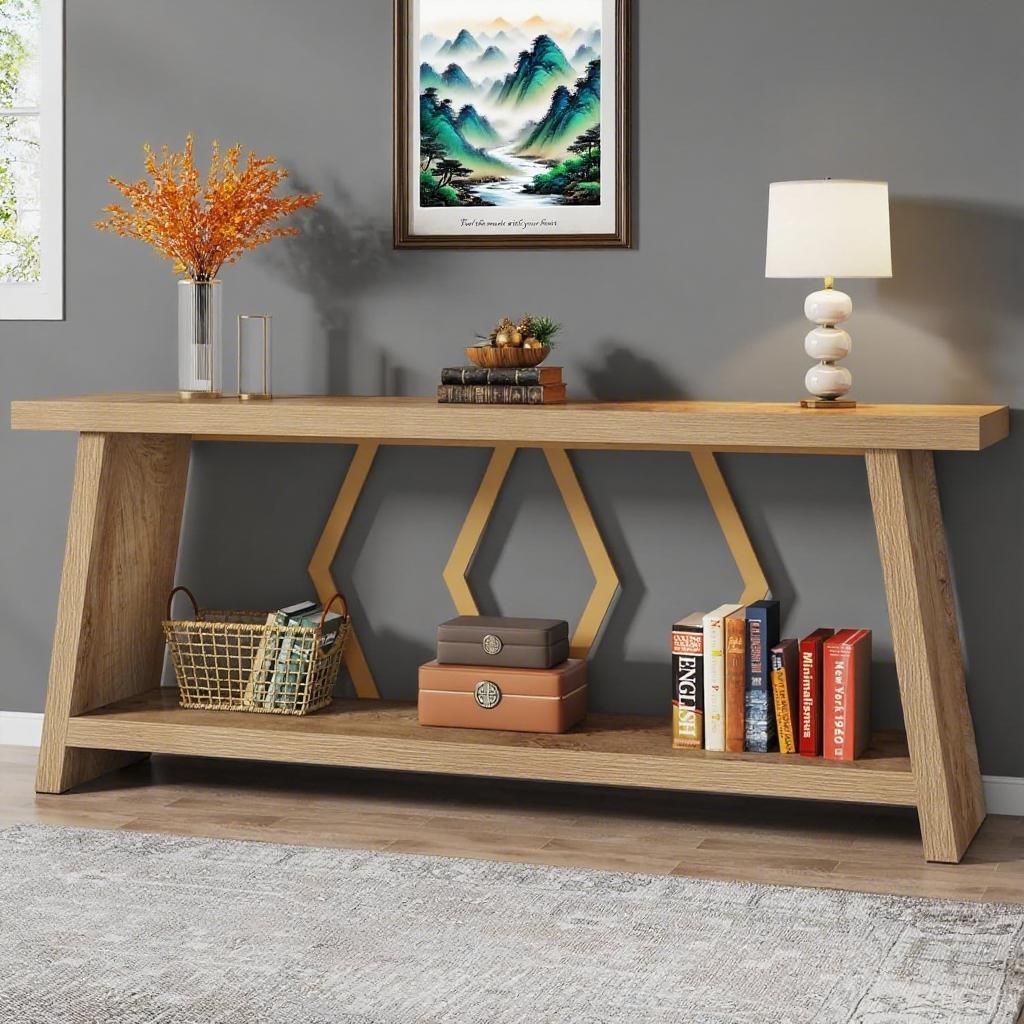 2-Tier Narrow Console Table – Extra Long Sofa Table with Double Display Space