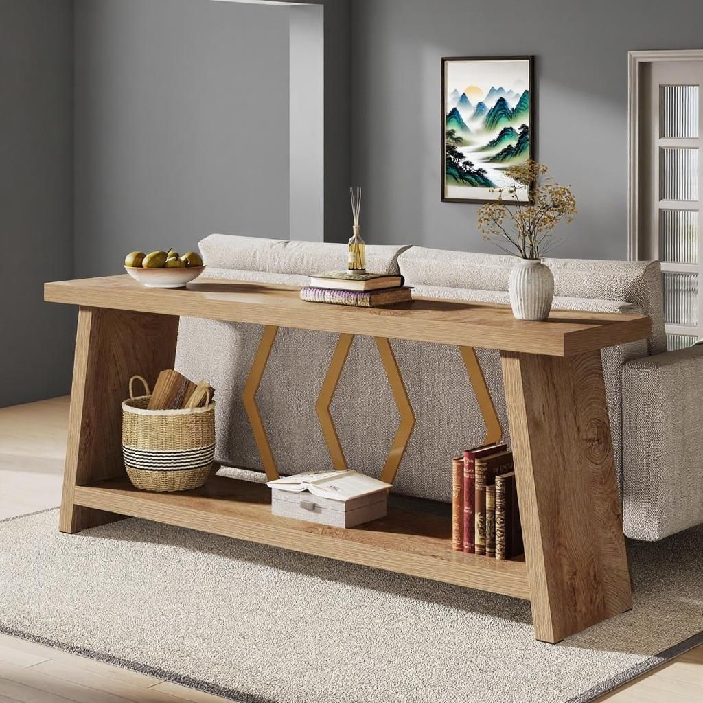 2-Tier Narrow Console Table – Extra Long Sofa Table with Double Display Space