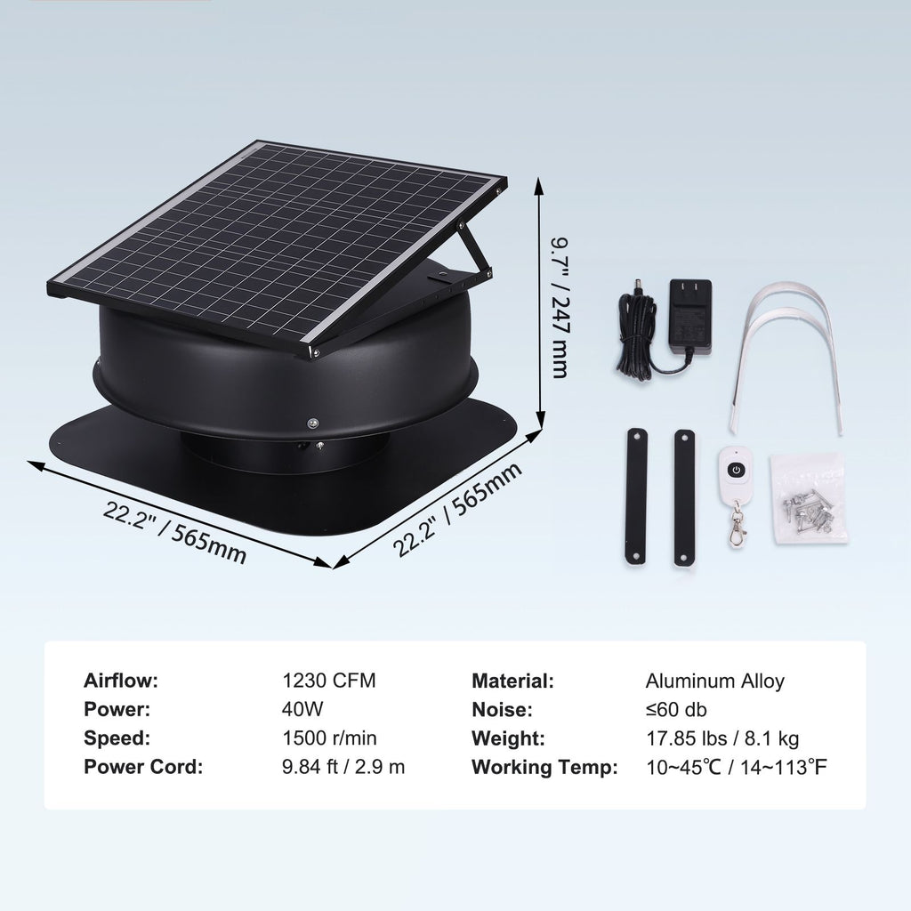 Solar Attic Fan with MPPT, 2800 CFM, Smart Temp Control