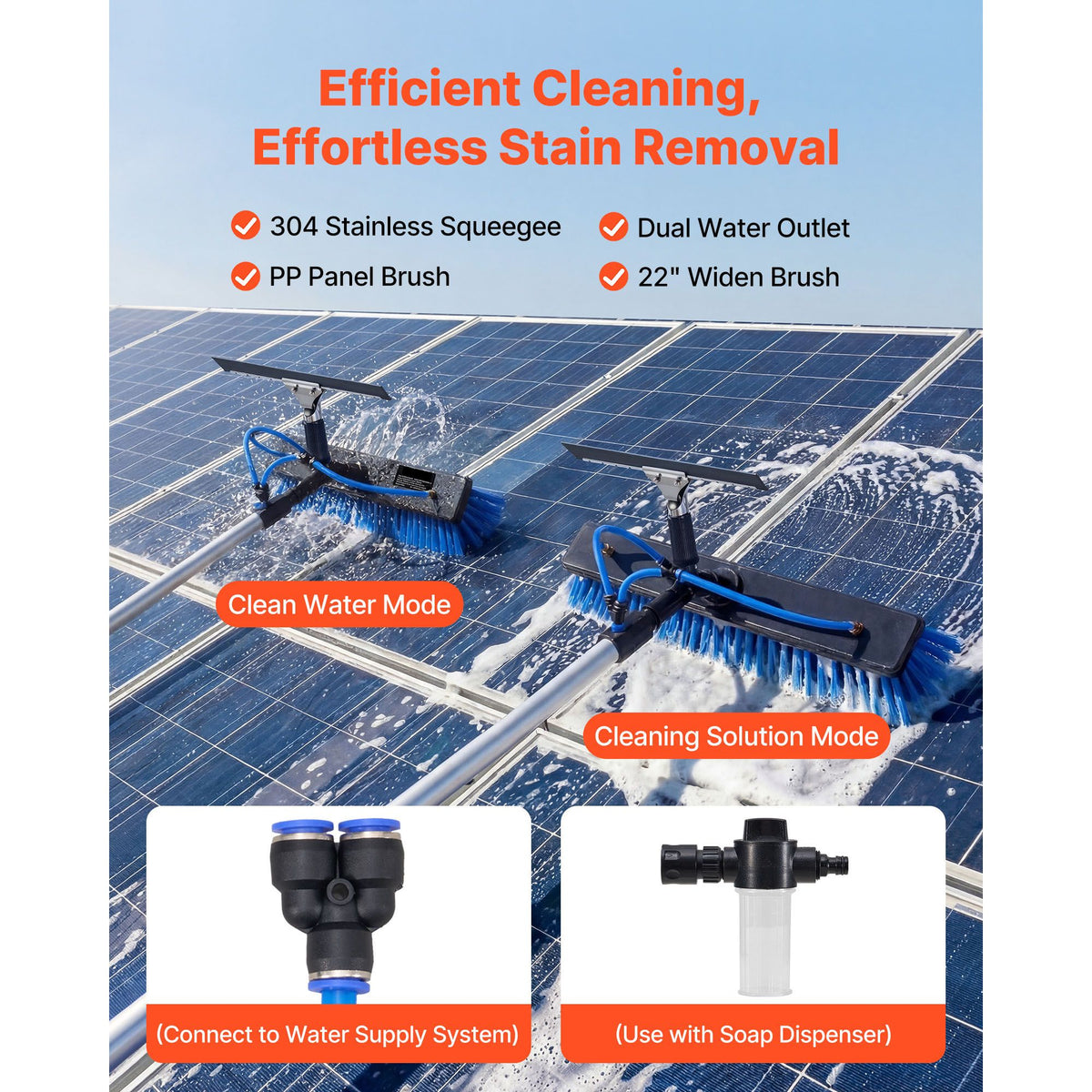 Water-Fed Solar Panel Cleaning Kit with Rotating Brush