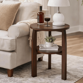 Solid Rubberwood Round End Table, 2-Tier Side Table with Storage Shelf, Small Accent Table