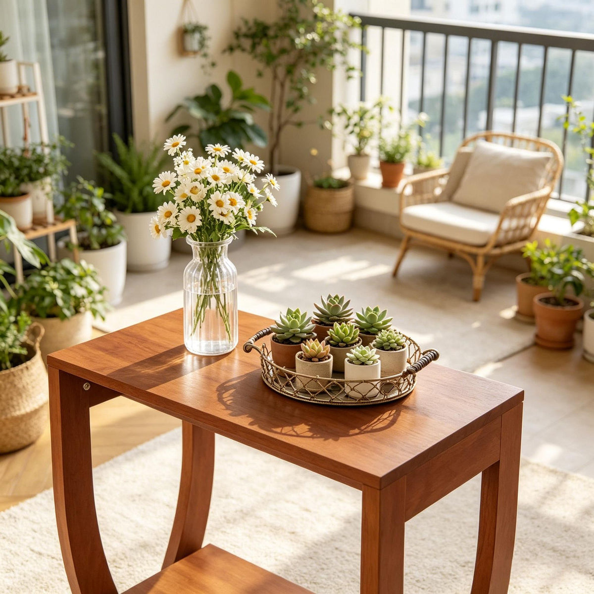 Solid Wood End Table with Arched Legs and 2-Tier Storage Shelf