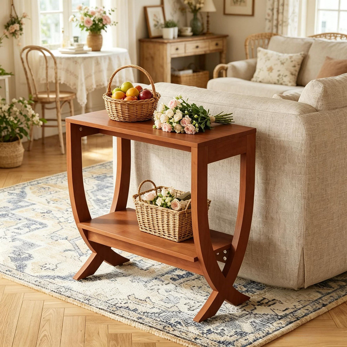 Solid Wood End Table with Arched Legs and 2-Tier Storage Shelf