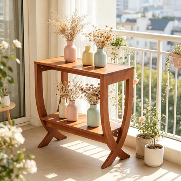 Solid Wood End Table with Arched Legs and 2-Tier Storage Shelf