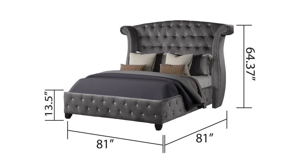Modern Crystal Tufted King Bed with Headboard and Rails - Gray