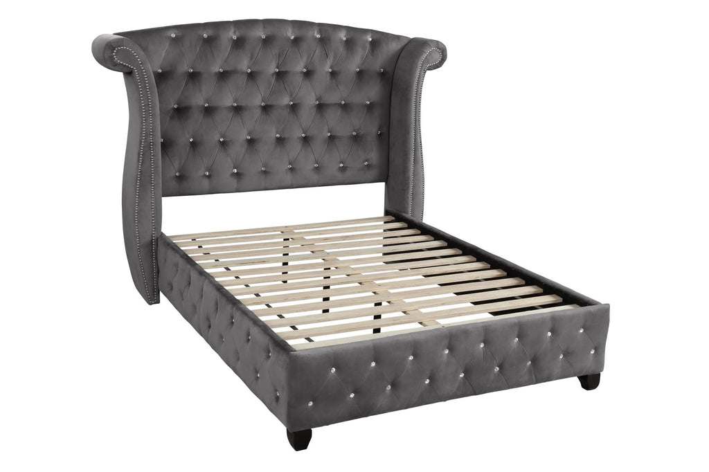 Modern Crystal Tufted King Bed with Headboard and Rails - Gray