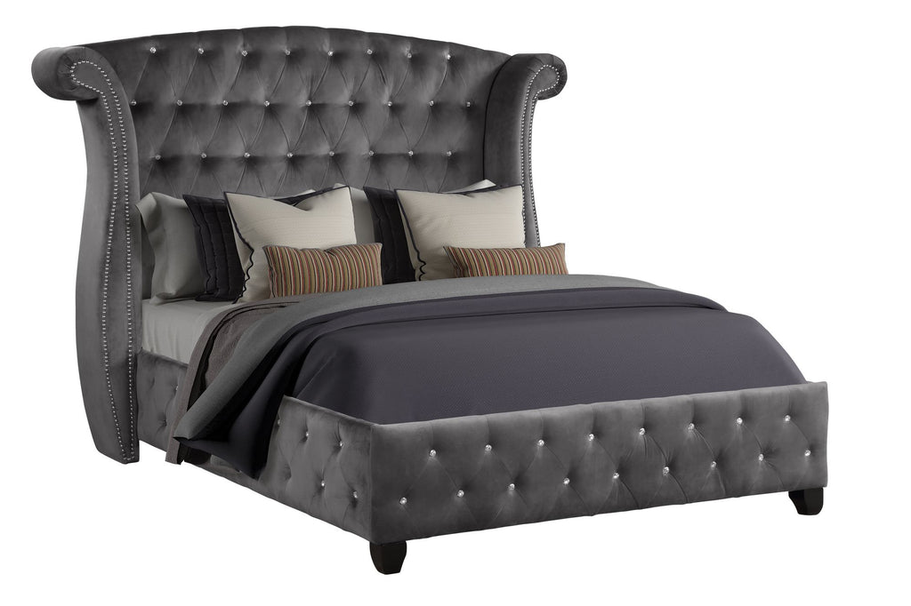 Modern Crystal Tufted King Bed with Headboard and Rails - Gray