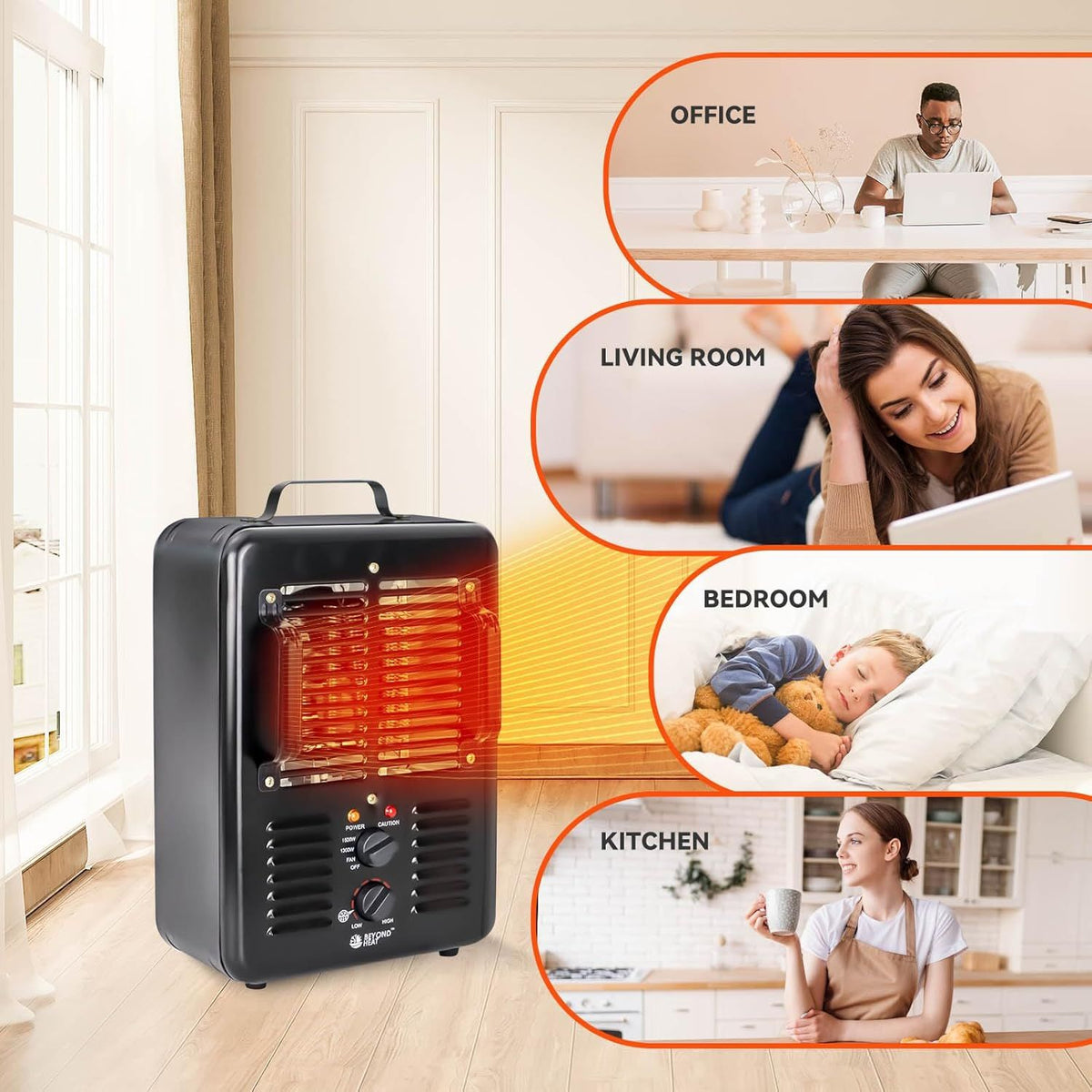 1300W/1500W Electric Space Heater with Thermostat, 3 Heat Settings, Safe & Quiet