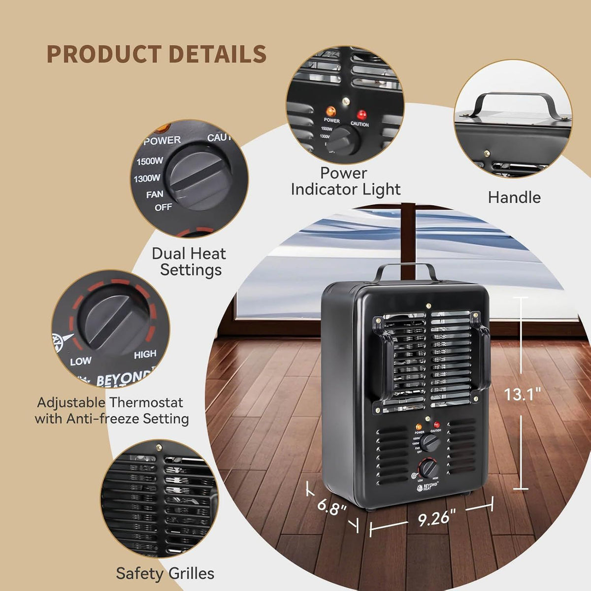 1300W/1500W Electric Space Heater with Thermostat, 3 Heat Settings, Safe & Quiet