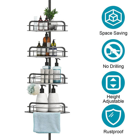 Space-Saving Floor-to-Ceiling Corner Shower Caddy with 4 Adjustable Shelves and Towel Bar - Rustproo