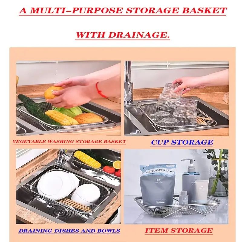 "Space-Saving Kitchen Sink Organizer - Collapsible 304 Stainless Steel Drain Rack for