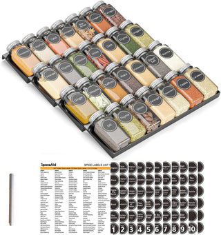 Spice Drawer Organizer with 28 Spice Jars, 386 Spice Labels, 4 Tier Seasoning Rack Tray