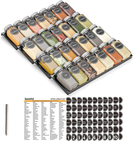 Spice Drawer Organizer with 28 Spice Jars, 386 Spice Labels, 4 Tier Seasoning Rack Tray