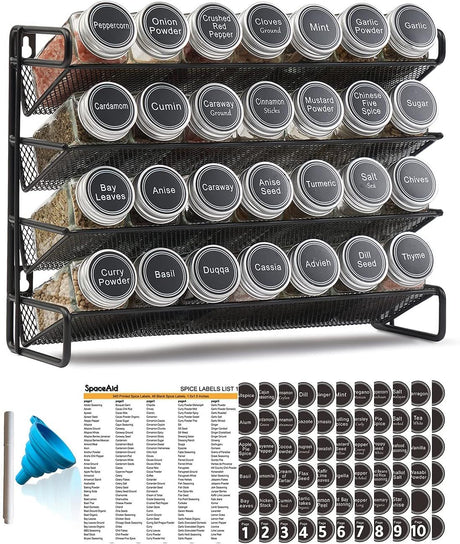 Spice Rack Organizer with 28 Spice Jars, 386 Spice Labels, Chalk Marker and Funnel Set for
