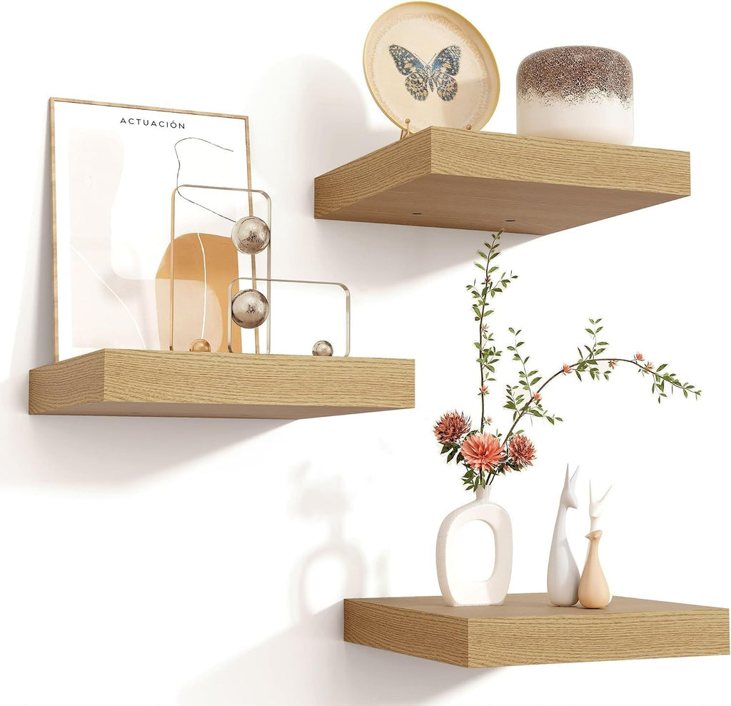 Square Wall Shelves with Hidden Brackets, Set of Oak Finish