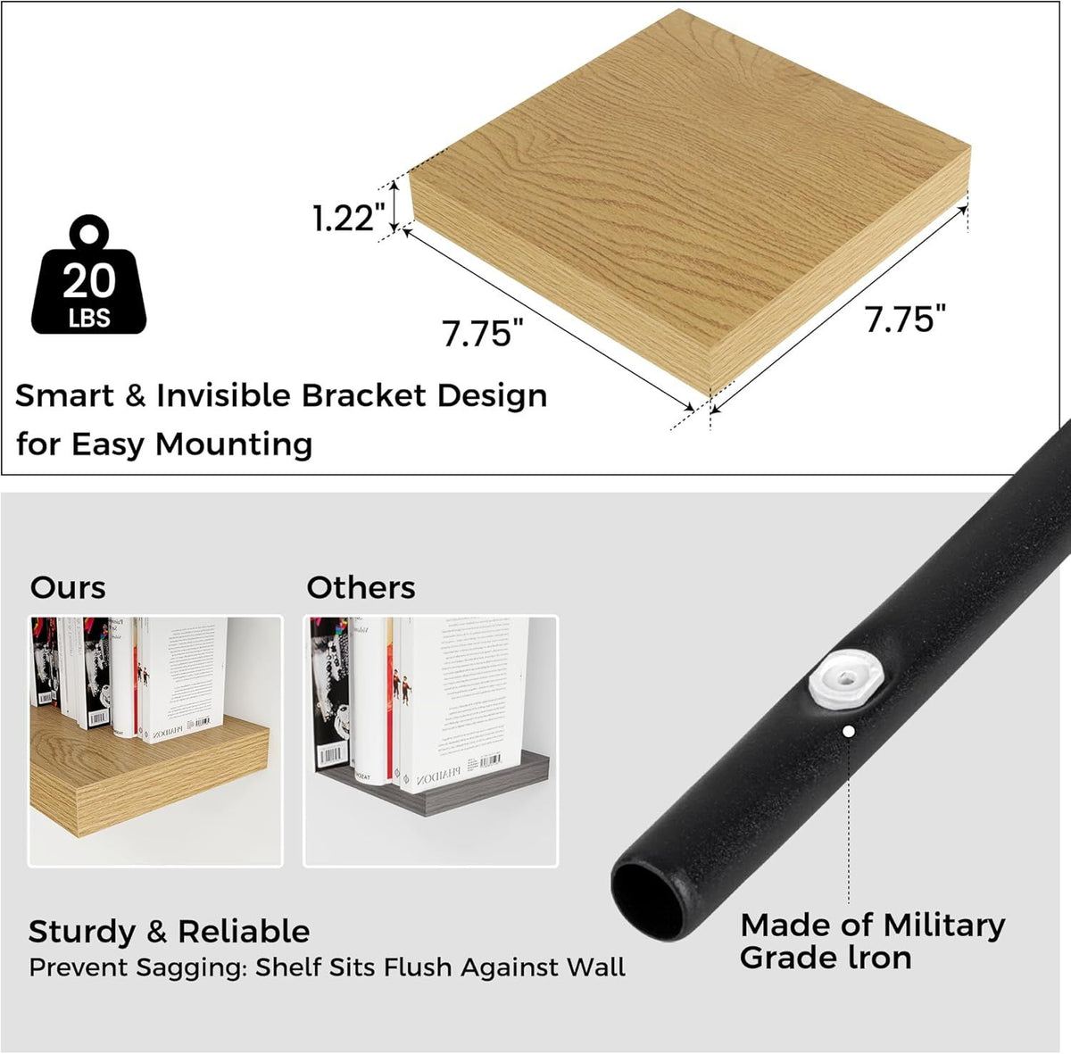 Square Wall Shelves with Hidden Brackets, Set of Oak Finish