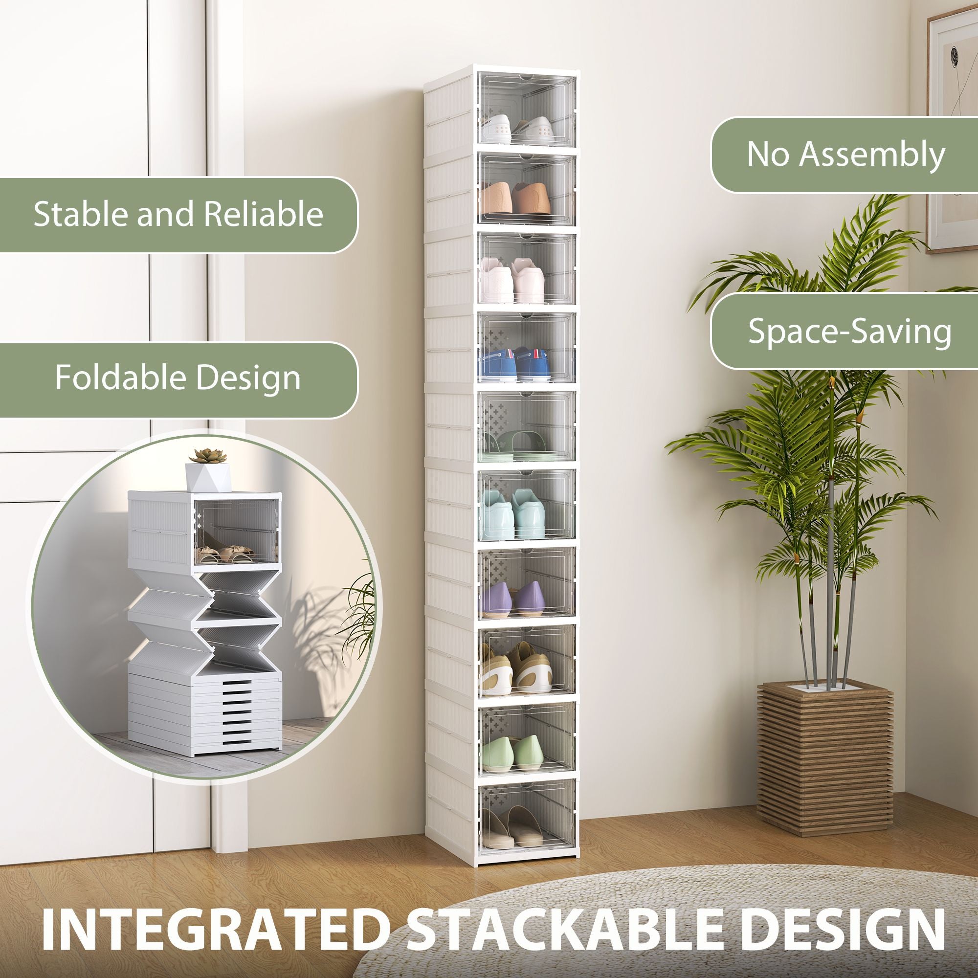 Foldable Shoe Storage Boxes with Clear Doors – 10 Pack No Assembly Needed