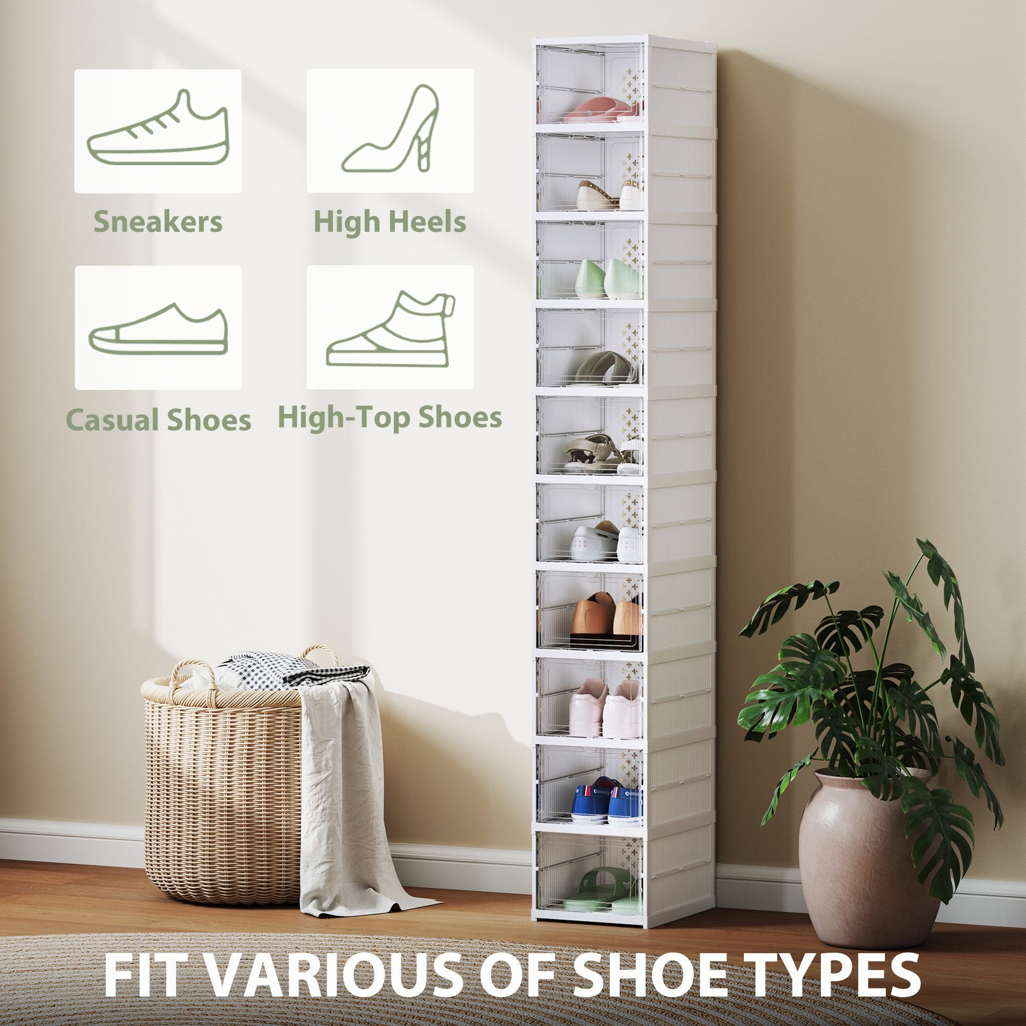 Foldable Shoe Storage Boxes with Clear Doors – 10 Pack No Assembly Needed